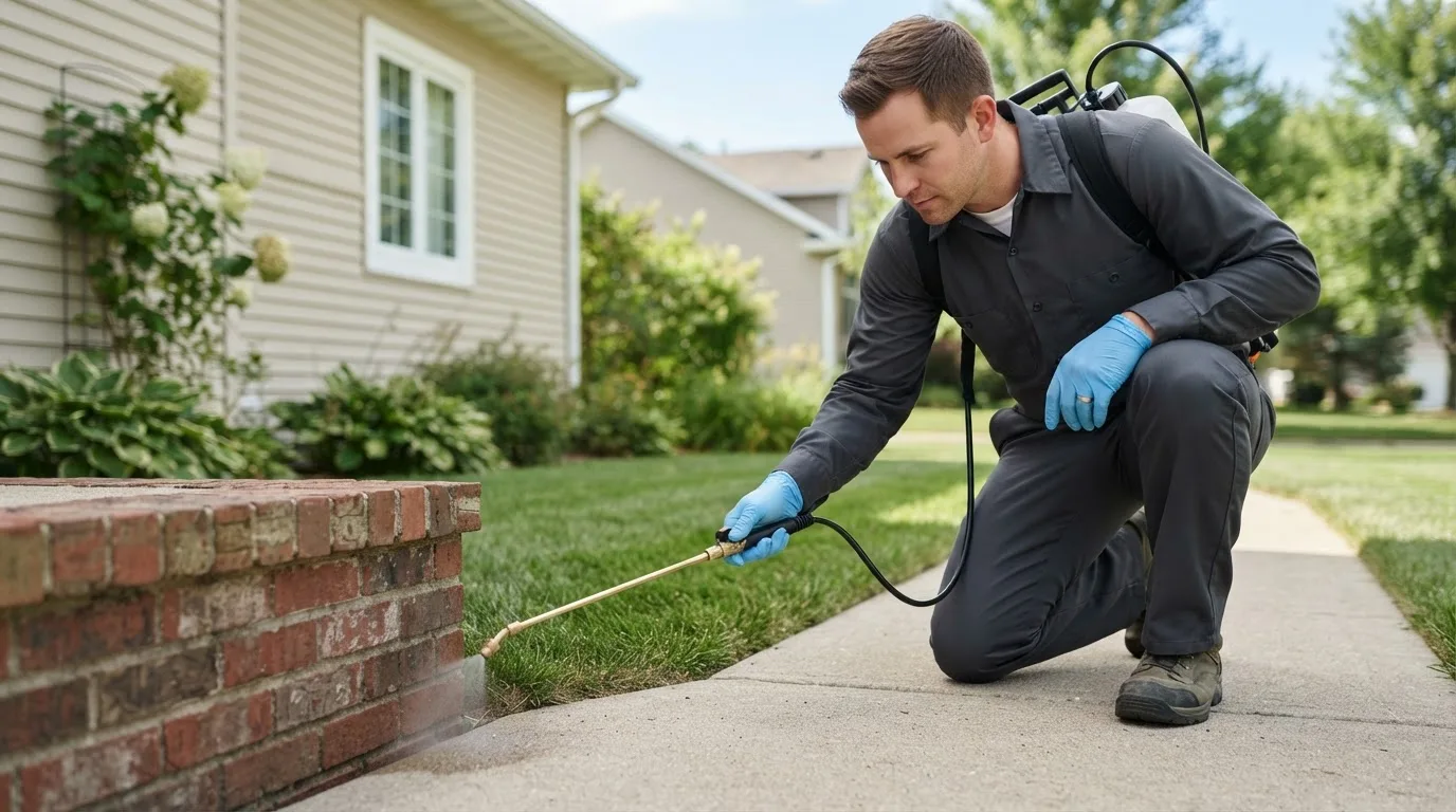Pest control technician treating a home near Falmouth, ME