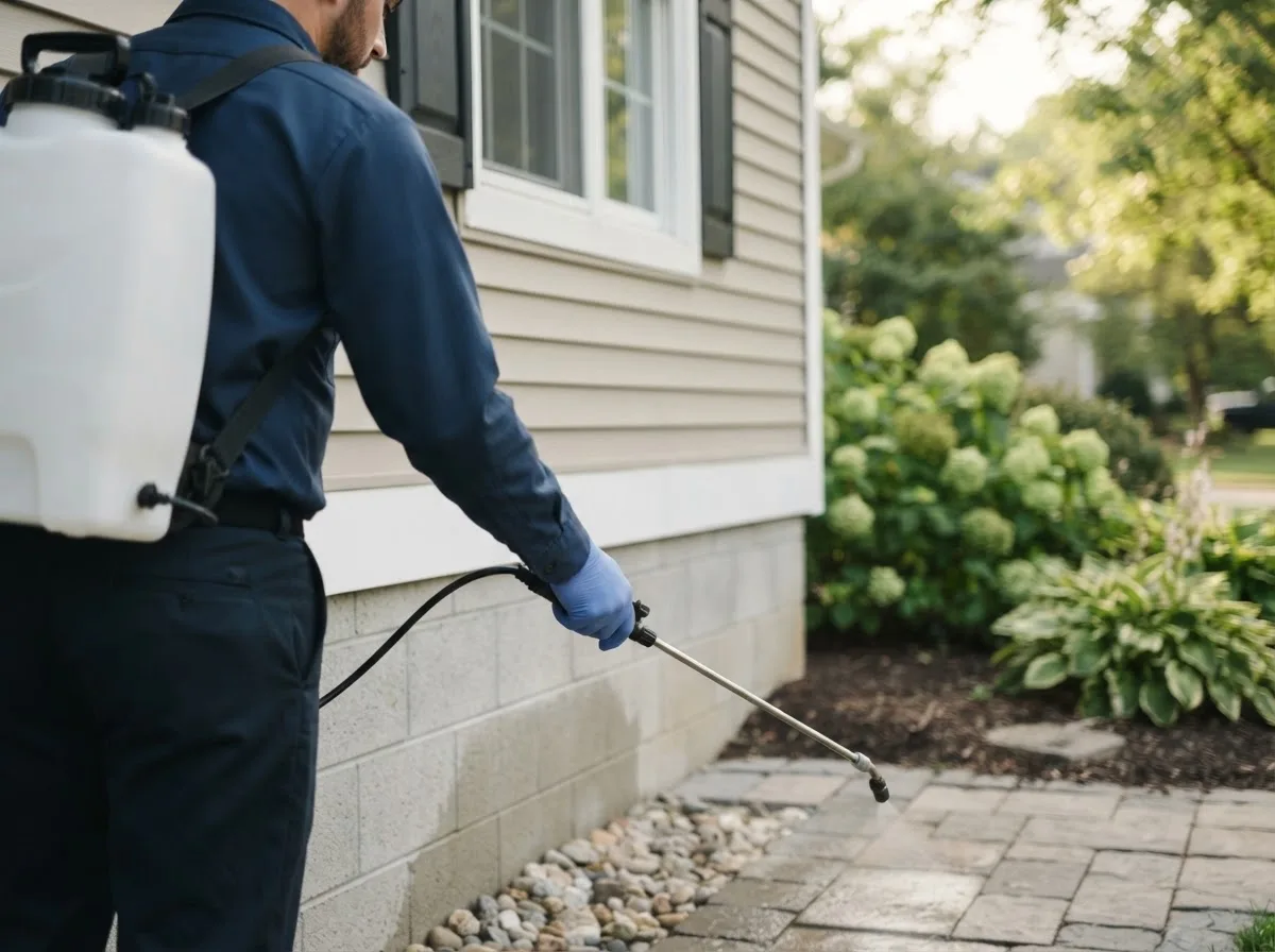 Pest control technician inspecting a home in Falmouth, ME